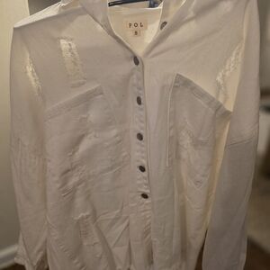 White Button-Up Shirt with Distressed Details
